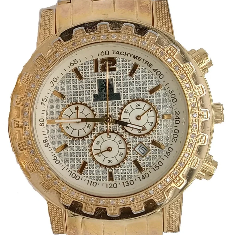 Techno jpm 961 Gold Bracelet Stainless Steel Chronograph Men`s Watch #77 running